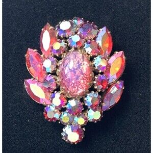 Vintage AB Rhinestone Brooch Pink Opalescent Foil Glass Gold Tone 60s Statement